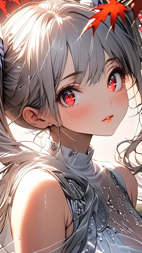 1 girl, Hi-Res, chest, long hair, looks at one woman, looks at one woman, red eyes, とてもlong hair, twin tails, ribbon hair accessory, masterpiece, long hair, Gray Hair,  Silver Hair,  maple, bangs between eyes, とてもlong hair, shiny hair,  natural perm, Super...