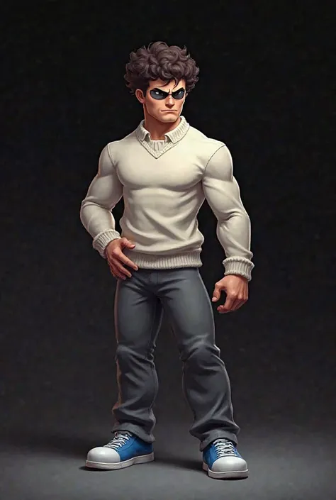 Create a character with a thin sweater, with short curly hair, white skin color with gray pants and blue tennis shoes, and an angry black background covering his eyes, the character is muscular, That says "They give me a hard time in brawl stars"