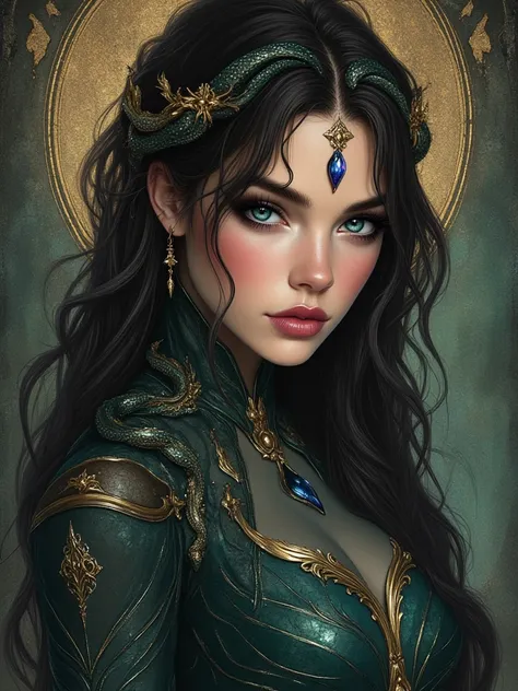 oil painting hyperrealistic fantasy, beautiful 25-year-old Russian woman with Russian features, long and wavy jet black hair, sapphire blue eyes, shiny reddish lip gloss, white skin de porcelana como muñeca,  pink cheeks, Tight emerald green dress, snake-s...