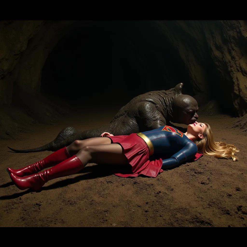 Supergirl is lying flat on the dirt, very bright white skin, her legs are spread out wide, can see whole body, She is wearing a thin black pantyhose, short red skirt, red knee height long boots, blonde hair, unconsciousness, eyes close, seriously injured, ...