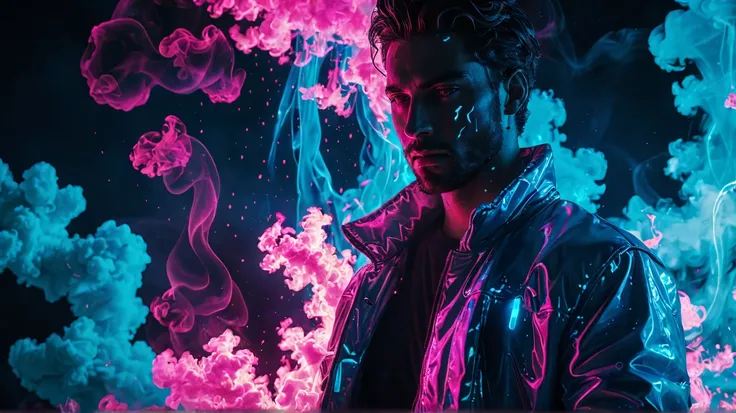 glowneon, glowing jacket on dark figure, emitting liquid light, vibrant blue and pink, glowing eyes, cinematic film still, neon vaporwave background, water everywhere, smoke behind he1