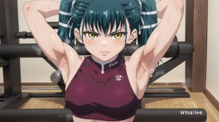 Score_9, score_8, score_7, great quality, best quality, perfect, best quality, masterpiece, mato seihei no slave, azuma yachiho, twin tail, green hair, yellow eyes, sport bra, wearing sport bra, black sport bra, navel, looking at viewer, armpits, steam, fr...