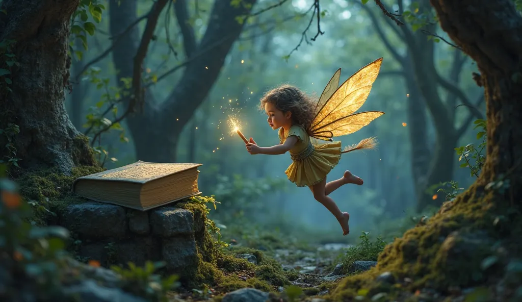 "A small fairy with bright wings flying through a darkening forest. She holds a glowing wand in her hand, looking determined. The trees around her whisper, and a hidden ancient book lies on a stone pedestal, waiting to be found."