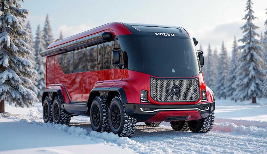 An ultra-detailed 3D render of a modern 4x4 Volvo Motorhome truck with a bold and futuristic design. The camper Motorhome  is painted in gleamy red and black with a prominent logo on its front grille. It features a large, white, intricately detailed grille...