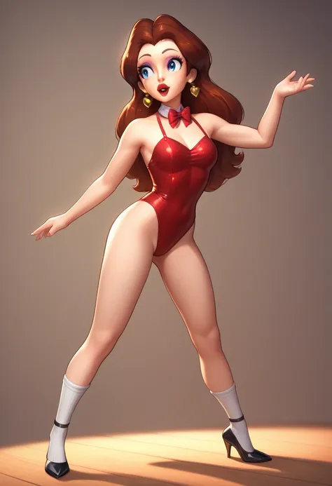 Cute Pauline wearing a sparkling shiny red leotard, black Mary Jane strap tap heels with small white socks,, performing on stage with wood board, black mix with brown hair, eyes are centered,, while tap dancing cute, red bow with a white collar on her neck...