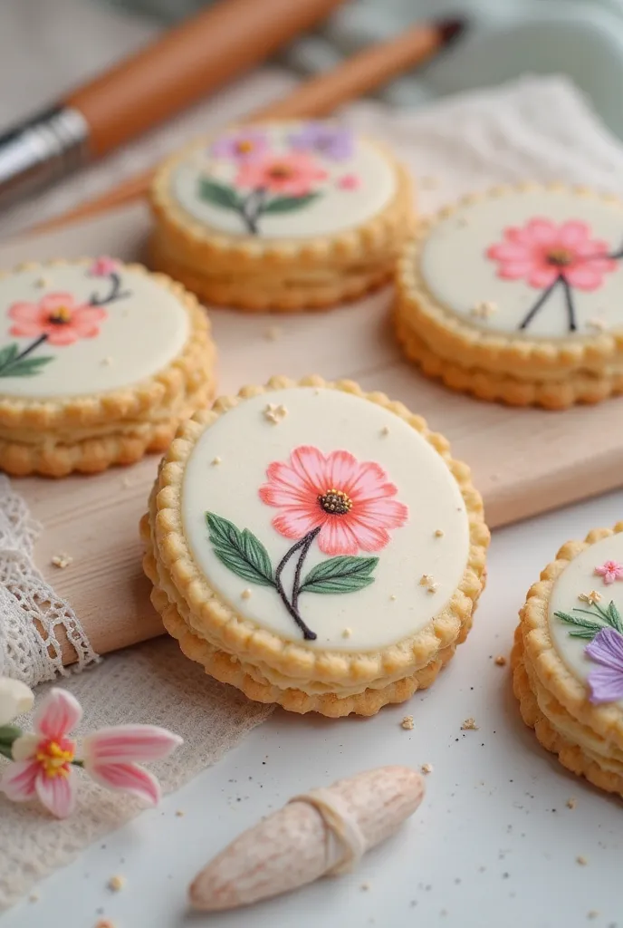 An ultra realistic photograph of round shortbread cookies with hand-painted edible art decorations. The designs should be easy to reproduce in reality, using simple techniques such as brushstrokes of edible watercolor and details minimalists in frosting. T...