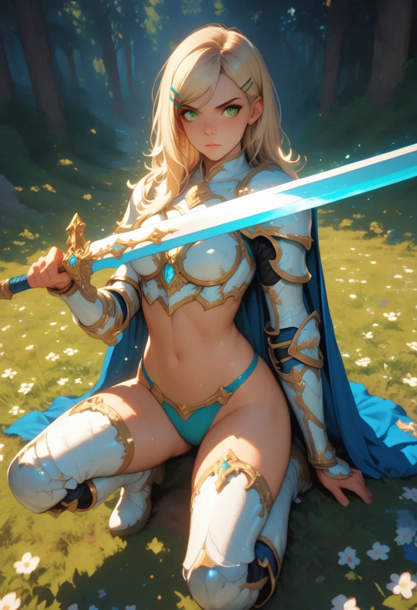 1 girl, boots, blond hair ,cape ,bikini armor ,curve ,green eyes ,elbow shezfe   ,shezfe  ,hair clip ,knee boots, big boobs , long hair ,Eeb  ,Alone ,sword ,holding sword ,Sweat,masterpiece, boobs,  Ultra detailed ,