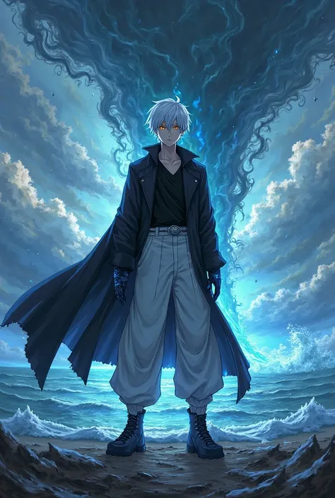 anime male character, 1.80m tall, short white hair, yellow eyes with blue fire coming out, fair skin, wearing a black coat, black shirt, long white pants, hands covered in dirt and fire like gloves, black shoes with water-like covering on top, standing wit...