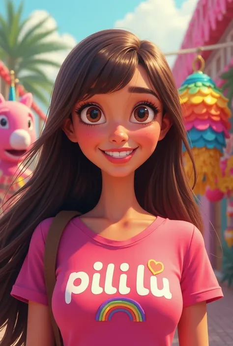 Pixar-style poster(cartoon) age woman with long brown hair with bangs and a mole on her face on her cheek with a pink t-shirt that says Pili Lu with a rainbow and is doing piñatas