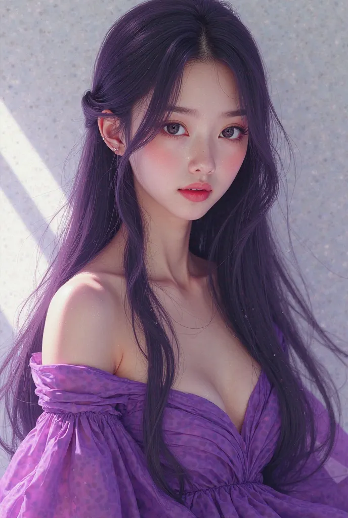 An Asian girl wear a purple dress and his hair is purple 