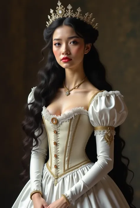 create an image:

a queen at the end of 1700. is 25 years old and has a small (small bust and enough back), although her hips and waist stand out a little more.
her skin is almost pale and contrasts with her jet eyes, as are her long jet-colored curls.
she...