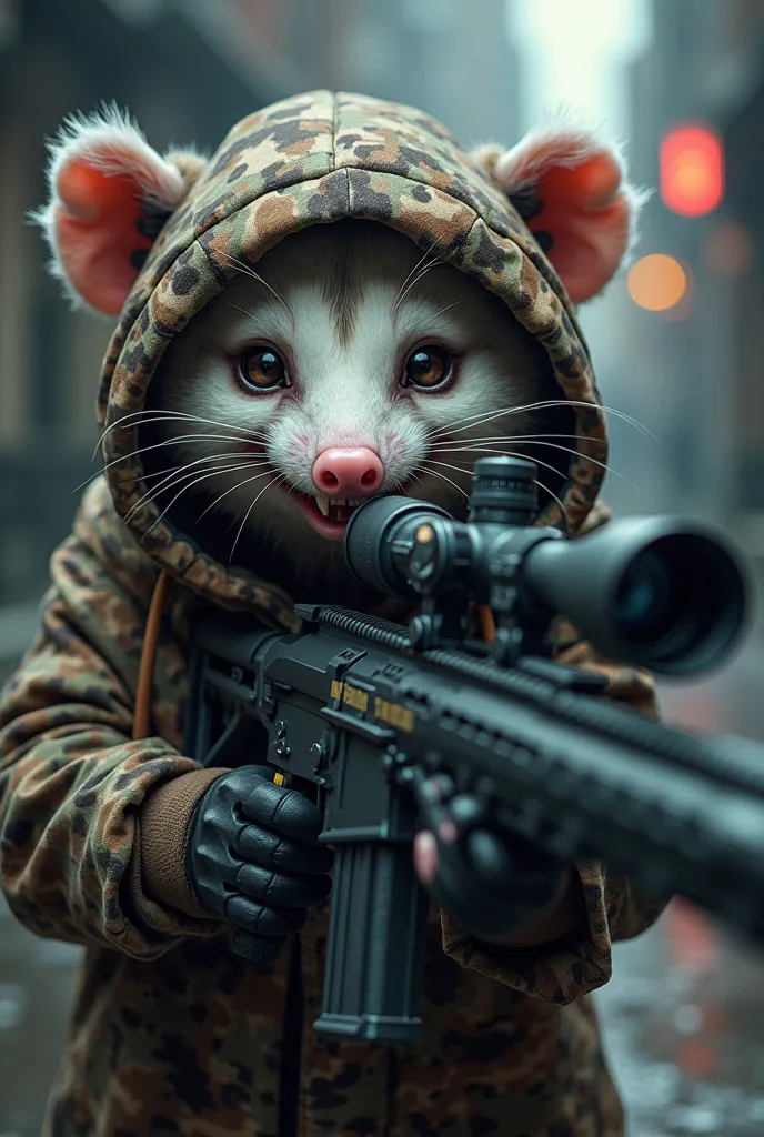 Gaming opossum skin with big eyes,  looking in sniper scope and evil smile to kill enemy