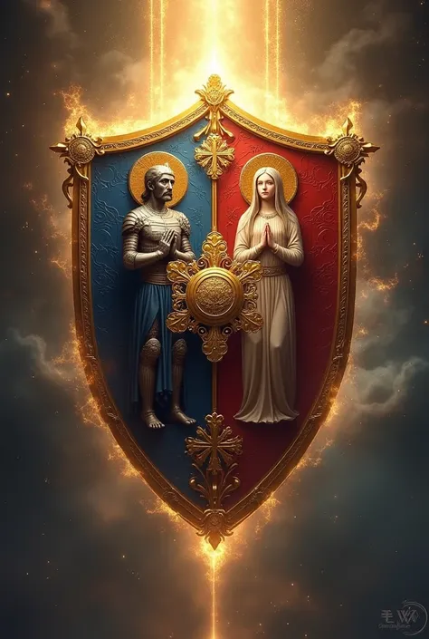 Create an image for me that represents the surname Soriano ( warrior ) and Eusebio ( pious ) ….A shield of God of these two surnames working in union and completeness and harmony.