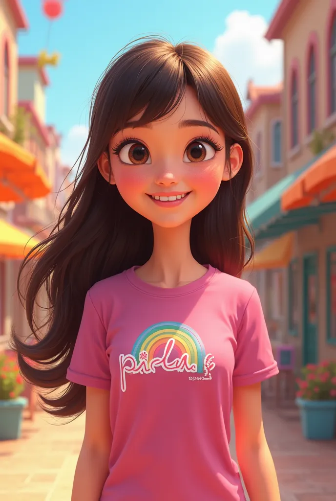 Pixar-style poster(cartoon) age woman with long brown hair with bangs and on her face a mole on her cheek with a pink t-shirt that says pililu with a rainbow and a colorful background 
