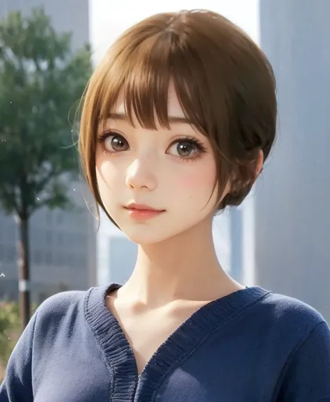 short brown hair, 、A girl in a dark blue shirt is looking at the camera,short hair、very short, portrait, アニメの女の子のportrait, cute アニメの女の子のportrait, beautiful アニメのportrait, cute アニメの女の子のportraits, Cute portrait, アニメスタイルportrait , アニメの女の子のportrait, 可愛いアニメの女の子の...