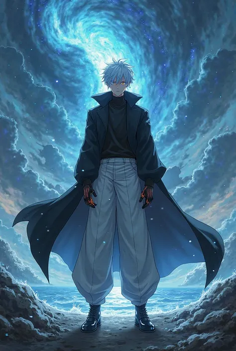 anime male character, 1.80m tall, short white hair, yellow eyes with blue fire coming out, fair skin, wearing a black coat, black shirt, long white pants, hands covered in dirt and fire like gloves, black shoes with water-like covering on top, standing wit...