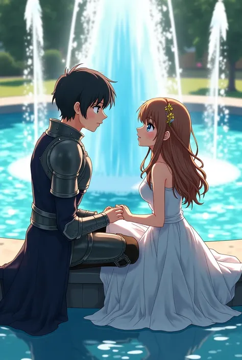 A couple sitting at the edge of a water fountain, not inside , outside. A black-haired, straight-haired boy with gray eyes, wearing armor but without a helmet, looking like a young woman with light brown, wavy hair with greasy light blue eyes, putting a ri...