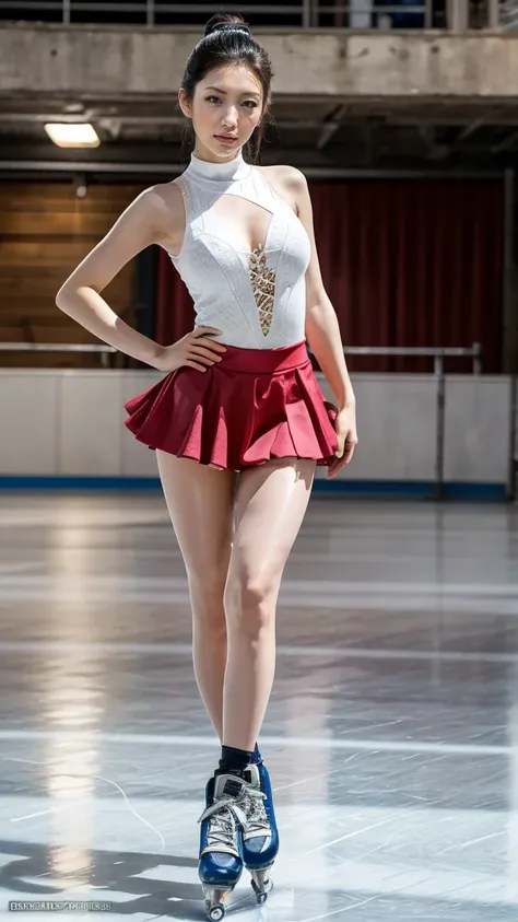 (8k, best quality:1.3), (extremely detailed:1.2), perfect anatomy, beautiful Japanese woman, 18 years old, healthy thighs, beautiful legs, beautiful skin, random hair color, random hairstyle, large breasts, (she is standing:1.2), female figure skater, figu...