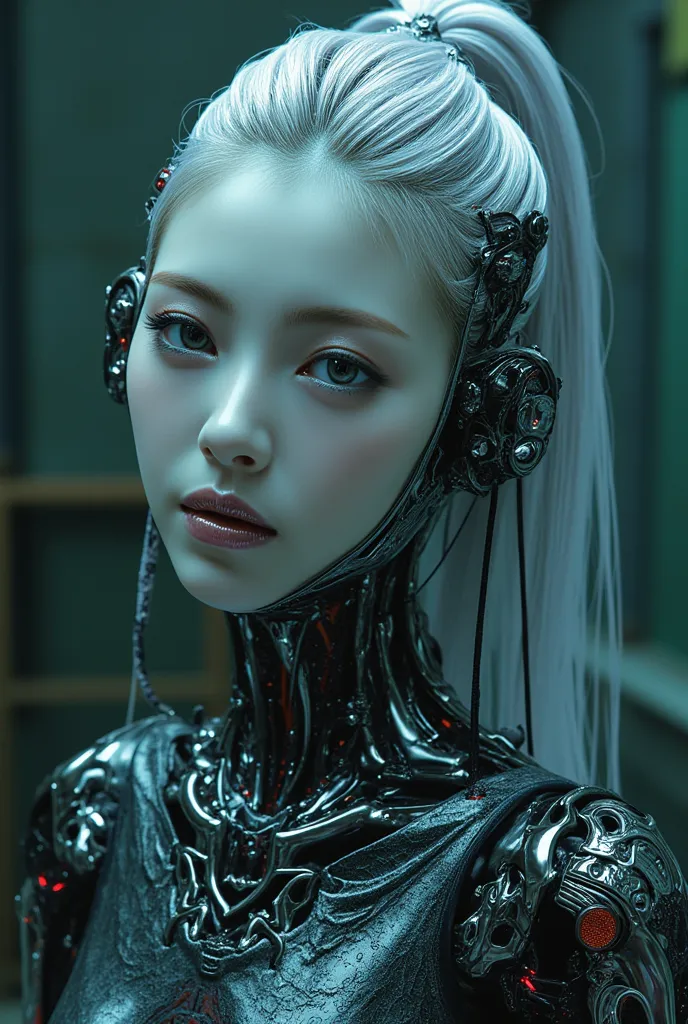 Android girl, Highest quality, masterpiece, ultra-high resolution, photo realistic, raw photo, 1 cyberpunk girl, cowboy shot, glossy skin, 1 mechanical girl, super realistic details, (mechanical limbs, tubes connected to mechanical parts, mechanical verteb...