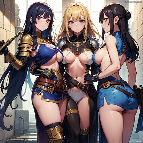 High quality, super detailed, best quality, highly detailed, beautiful, masterpiece, vibrant colors, shiny skin, perfect anatomy, female group, harem, knights, armor, medieval, fantasy, equipped with weapons, bags, pouches, big boobs, sideboob, underboob