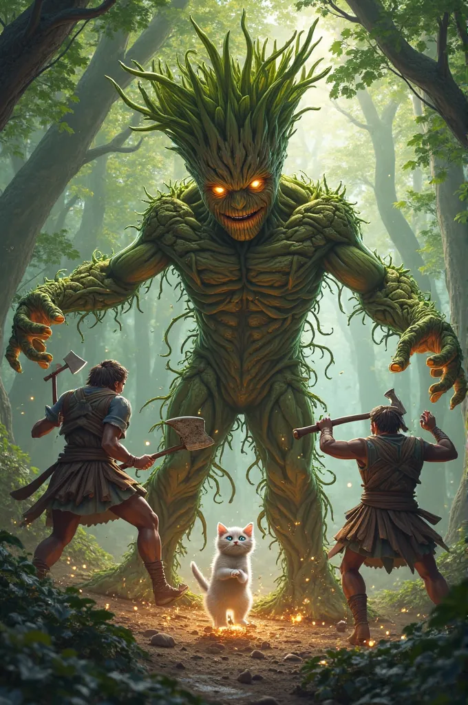 Scene 6: The Attack – Fighting for the Forest
Prompt:
"The Groot-like tree creature shields Fluffy, its arms stretching like vines to grab and disarm the attackers. The men struggle as roots wrap around their legs. The villainous woman watches, her eyes na...