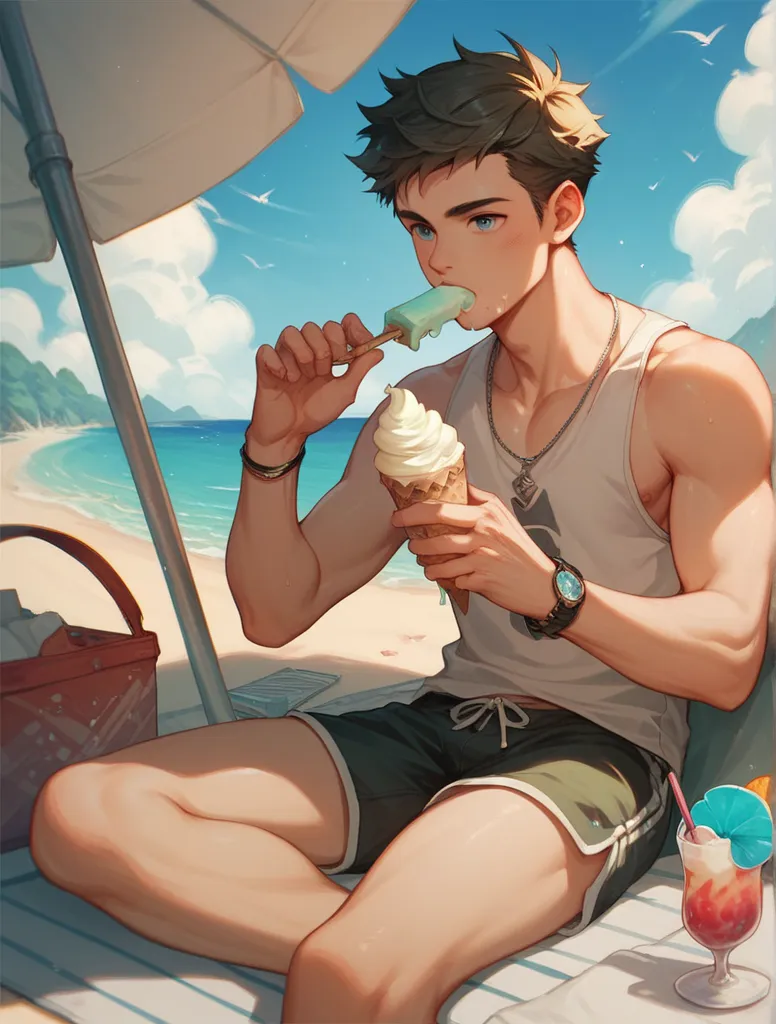 Young man sitting on the beach wearing shorts looking at the sea eating ice cream 