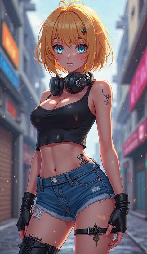 anime　 Gold　short hair　 blue eyes　Today　black tank top　Navel-baring look　blue denim shorts　neck headphones　black thigh ornament　black knee-high　black boots　black fingered leather gloves