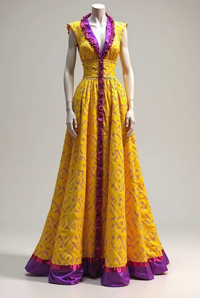 Sourcory dress style bright yellow and purple, no model, fabric, repeat style, royal reddish trim, futuristic style,