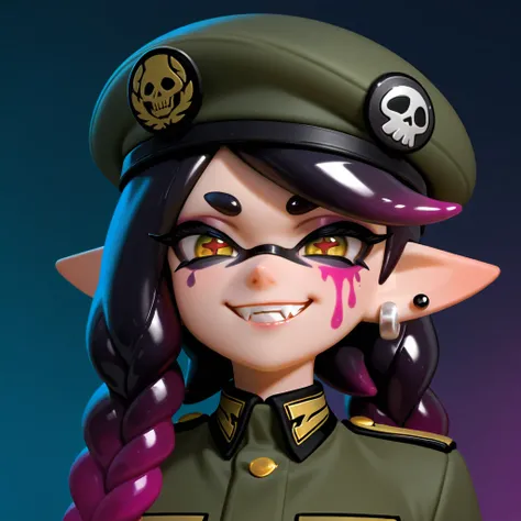 Masterpiece,Best Quality, beautiful eyes,callie form splatoon,cinematic lens effect, highly dramatic picture,Caveira from rainbow six siege cosplat,caveira from rainbow six siege makeup,caveira makeup, black nailpolish, hair braid, military beret, skull fa...