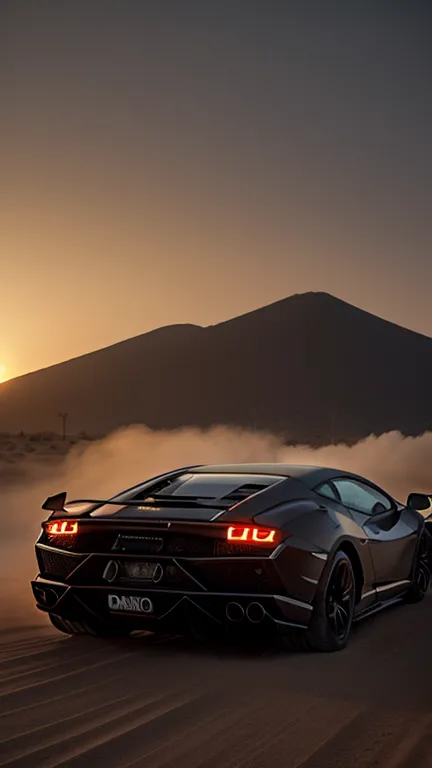 "A sleek black Lamborghini speeding through a vast desert, kicking up sand and flames from its tires. The sky is filled with massive, dramatic dust clouds and flashes of lightning, creating an intense, cinematic, post-apocalyptic atmosphere. The scene is i...