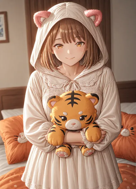 A cute girl is wearing a stuffed tiger on her head.
If you open her mouth, you can see the face of a cute girl.
The girl's palm is a paw.
She is 19 years old and Japanese.