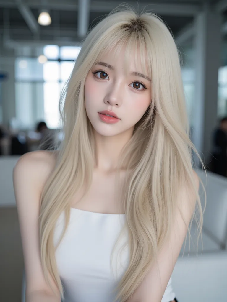 A kpop girl, Chinese,, long platinum blonde hair, curtain bangs (so no front bangs just sides) , dark brown eyes, plump lips, soft dewy look, juicy lips, big eyes, pretty, 19 years old, kind of looks like Kim Jennie, in practice room, dancing around , in h...