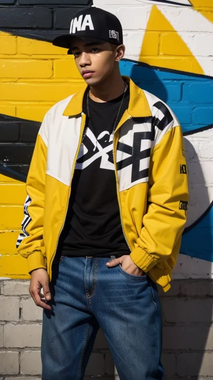 solo , 1man , European man , hiphop  jacket , yellow hiphop shirt , hiphop jeans pants , graffiti pattern shirt