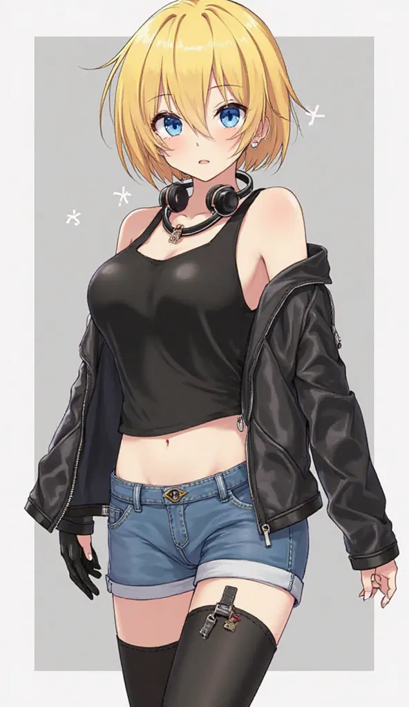 anime　 Gold　short hair　 blue eyes　Today　black tank top　Navel-baring look　blue denim shorts　neck headphones　black thigh ornament　black knee-high　black boots　black fingered leather gloves　Big Breasts　black half leather jacket