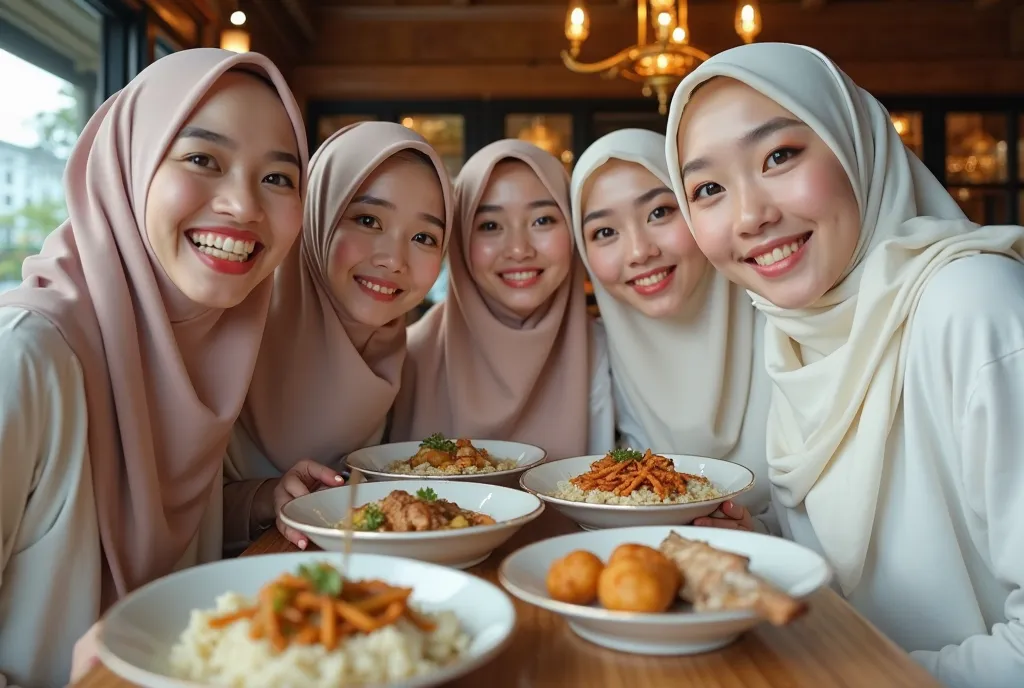 Five Korean idol women in beautiful and classy hijabs take a selfie with 4 handsome men in white cocos in a fancy cafe carrying out the Iftar together , holding bowls of noodles and meatballs. Grilled chicken rice ,fried fish and iced tea 
no hair , hijab ...