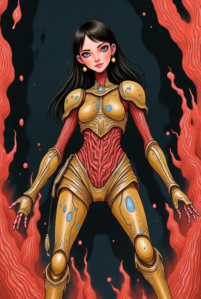 draw a tall thin anorexic woman with long black hair. Her body is armored in a exoskeleton armor  that covers her body from her feet to clavicle. She is inside a large organ like chasm with veins and muscle.
