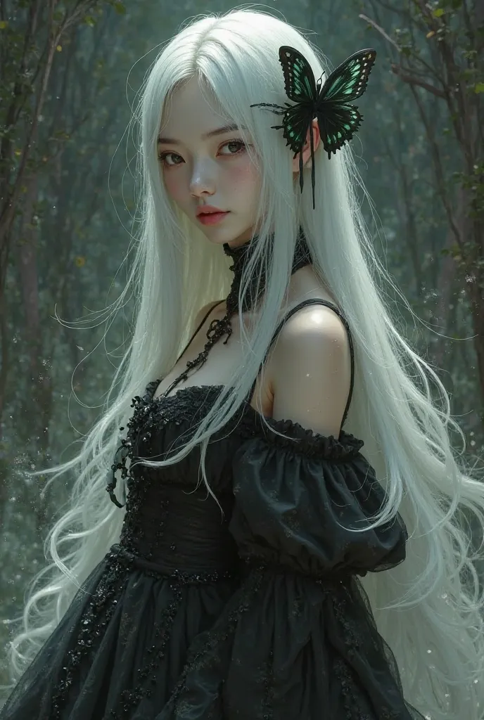 Japanese girl, between 20 and 30 years old.
Long straight white hair.
black and green butterfly clip.
Long black gothic dress without a hat.
Echidna king character:Zero