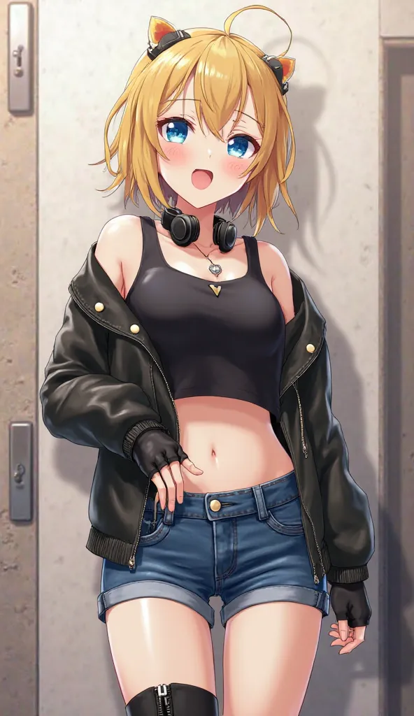 anime　 Gold　short hair　 blue eyes　Today　black tank top　Navel-baring look　blue denim shorts　Neck-hanging headphones　black thigh ornament　black knee-highs　black boots　black pointed leather gloves　big breasts　black half leather jacket