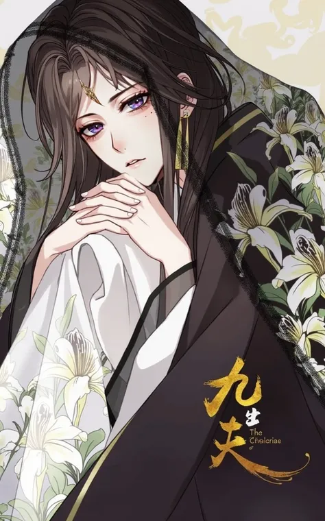 Japanese comic,  Young man, long black hair tied in a high bun with a red ribbon around it, light blue eyes,  white skin, Full lips, eyes outlined with red, antique Chinese clothes in the color red, delicate face, Long FRINGE