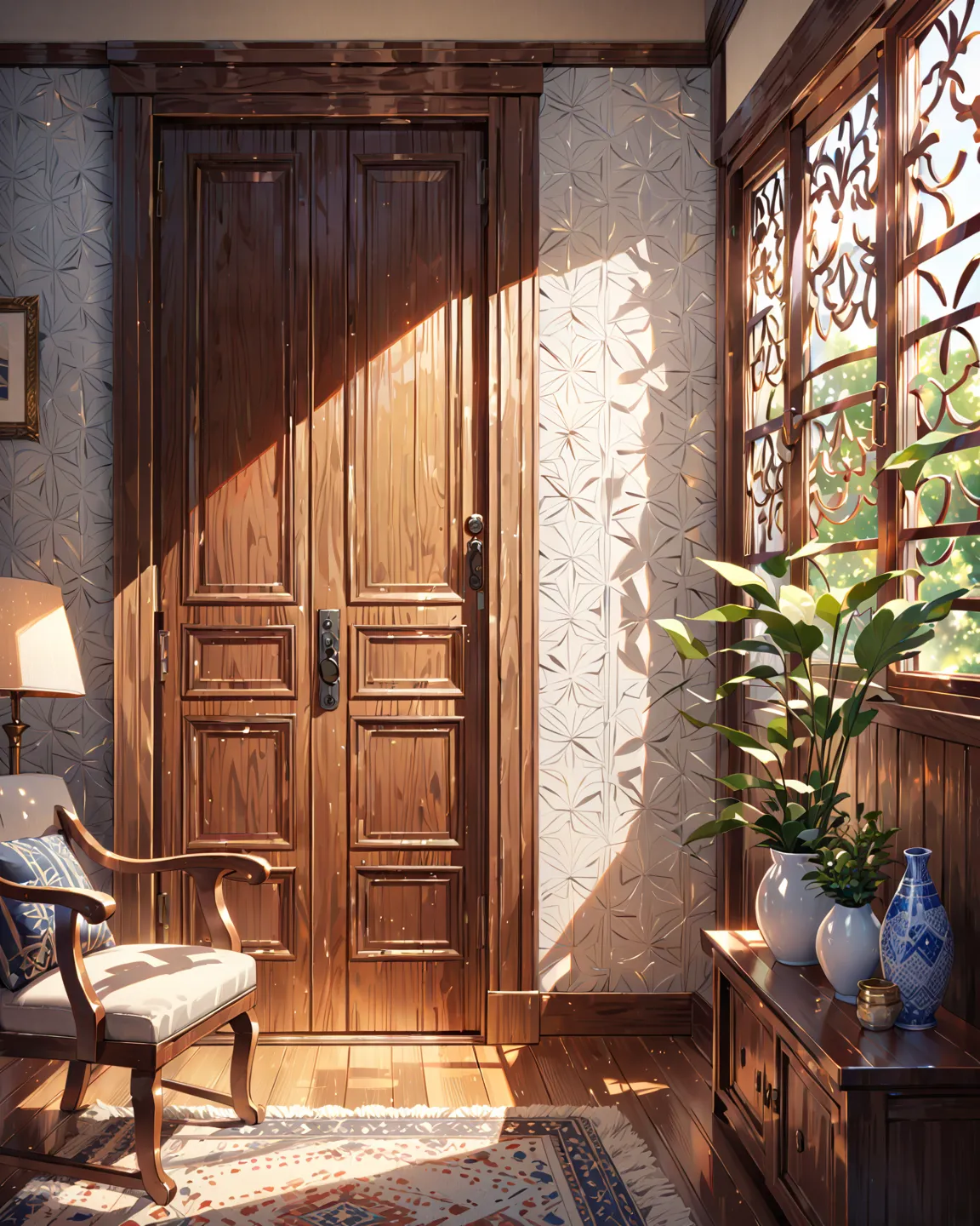 White patterned wall, a wood door, [(blurred background:1.2)::0.2], (indoor background:1.2), newest, highres, illustration, incredibly absurdres, ultra detailed, masterpiece, best quality, 