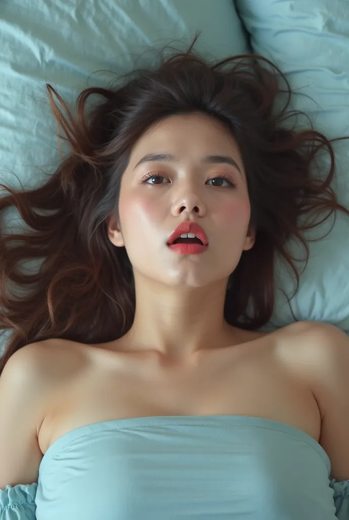 (Beautiful Thai woman, 18 years old), (, , she lies on her back  ), ((   Full View  )), (  from the top), (มุมมองนกมอง  from the top), ((( Alone ))),  ((, not wearing panties))), (((not good))), ((( , tits obscured ))),   (((, she hugged a pillow on the si...