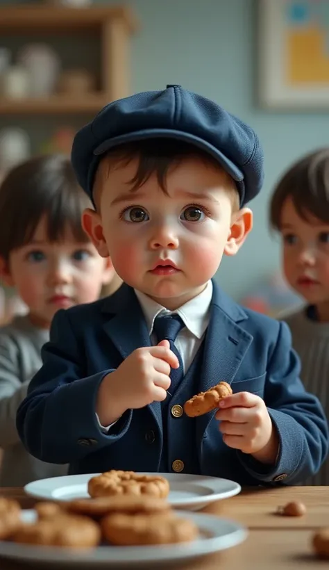 Ultra-realistic photo of a baby boy in a dark blue suit and flat cap holding a cookie, looking conflicted, while his toddler friends watch him, in a daycare setting, soft lighting, emotional expression, high detail, 8K resolution, photorealistic
Cinematic,...