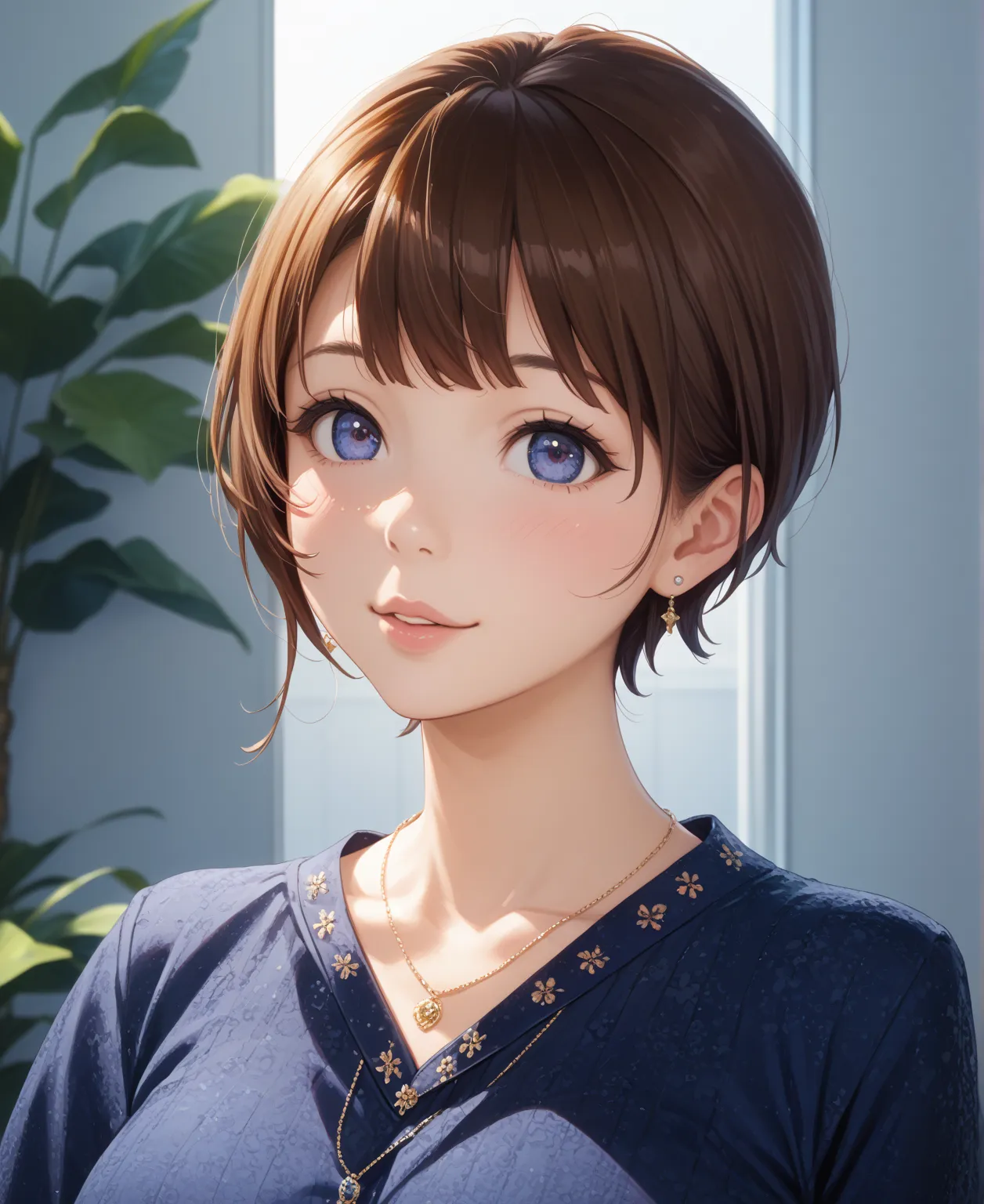 short brown hair, 、A girl in a dark blue shirt is looking at the camera,short hair、very short, portrait, アニメの女の子のportrait, cute アニメの女の子のportrait, beautiful アニメのportrait, cute アニメの女の子のportraits, Cute portrait, アニメスタイルportrait , アニメの女の子のportrait, 可愛いアニメの女の子の...