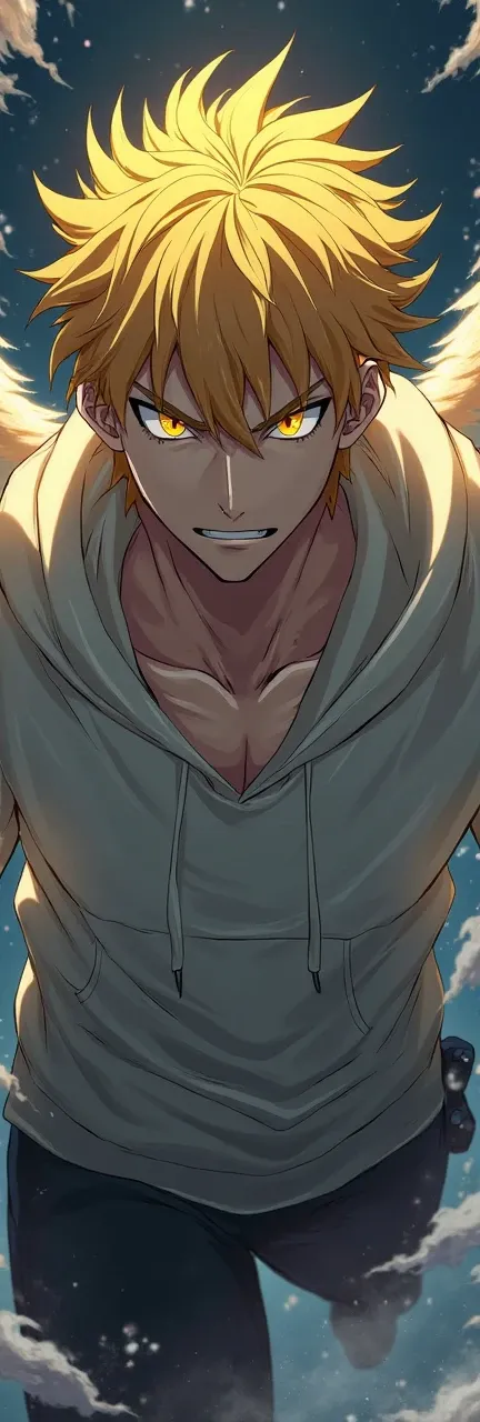 Yellow hair, yellow eyes, cat pupils, angry, anime, handsome ager, strong muscular physique, hoodie, anime, short hair, dynamic hair, boy, wings, the successor of heaven, the weather is night 