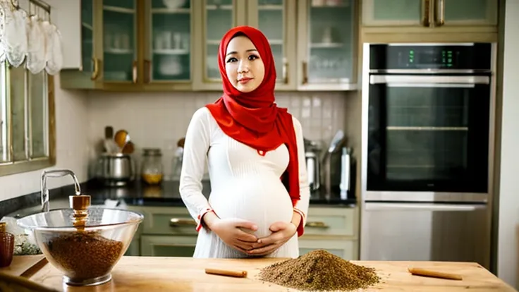 Pregnant Indonesian hijab woman in the kitchen mixing spices, shabby kitchen 