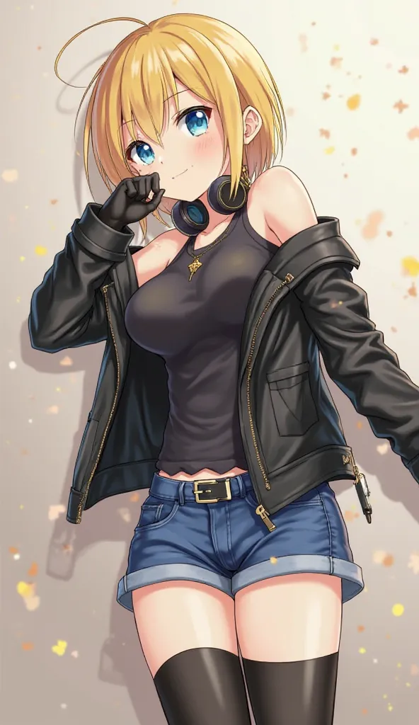 anime　 Gold　short hair　 blue eyes　Today　black tank top　Navel-baring look　blue denim shorts　Neck-hanging headphones　black thigh ornament　black knee-highs　black boots　black pointed leather gloves　 popup　black half leather jacket