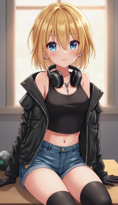 anime　 Gold　short hair　 blue eyes　Today　black tank top　Navel-baring look　blue denim shorts　Neck-hanging headphones　black thigh ornament　black knee-highs　black boots　black pointed leather gloves　 popup　black half leather jacket