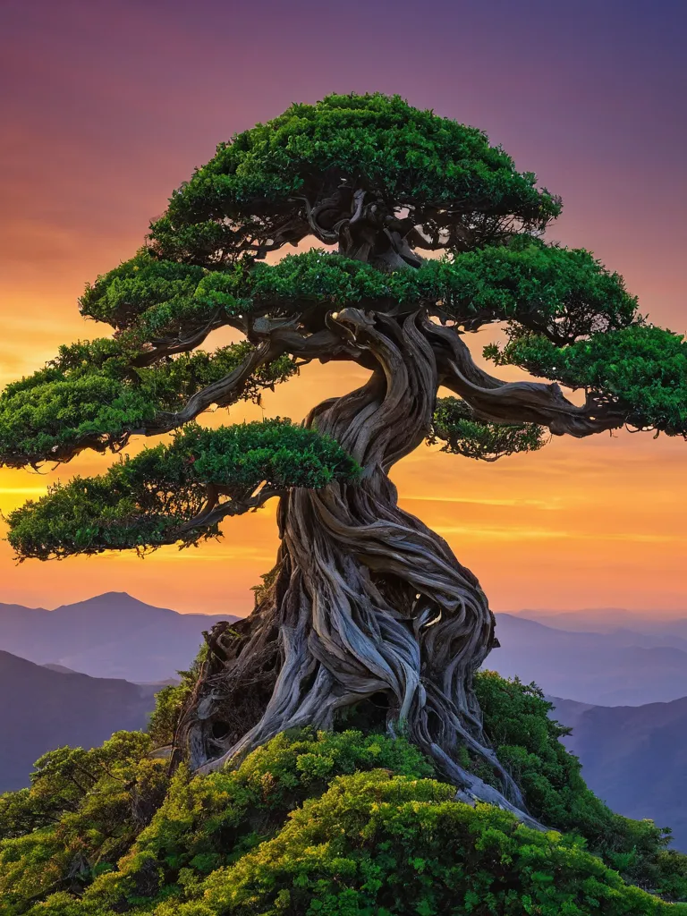 A solitary bonsai tree, aged and wise, grows on a mountain summit, its trunk wrapped in emerald vines. The sun dips below the horizon, casting a radiant orange and red sky that reflects the tree's enduring spirit.

High Resolution, Award Winning, Best Qual...