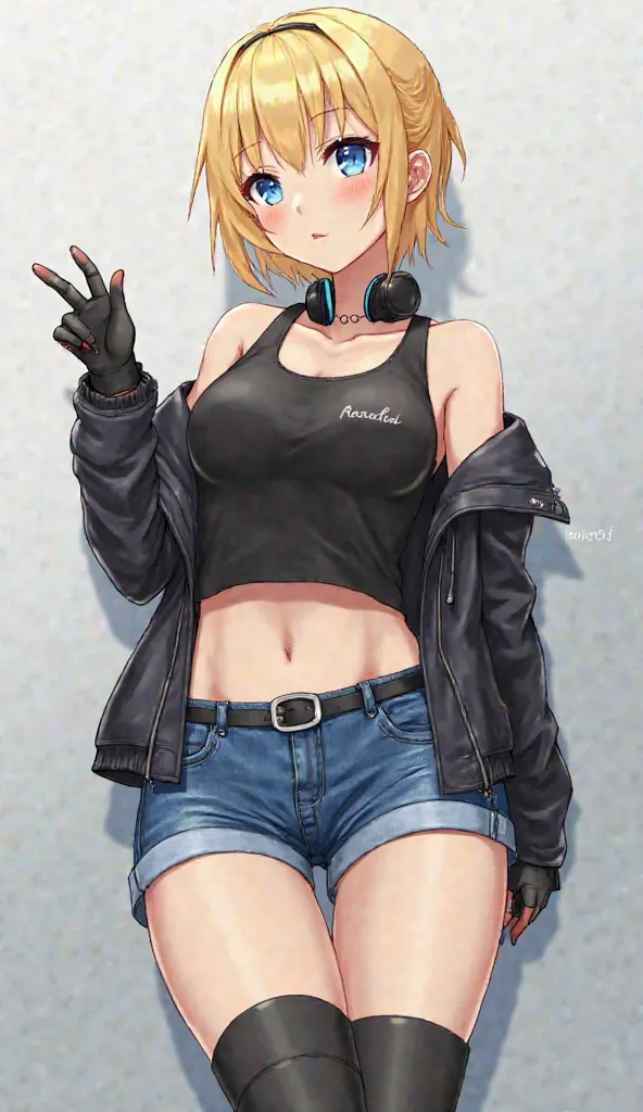 anime　 Gold　short hair　 blue eyes　Today　black tank top　Navel-baring look　blue denim shorts　neck headphones　black thigh ornament　black knee-high　black boots　black fingered leather gloves　Big Breasts　black half leather jacket