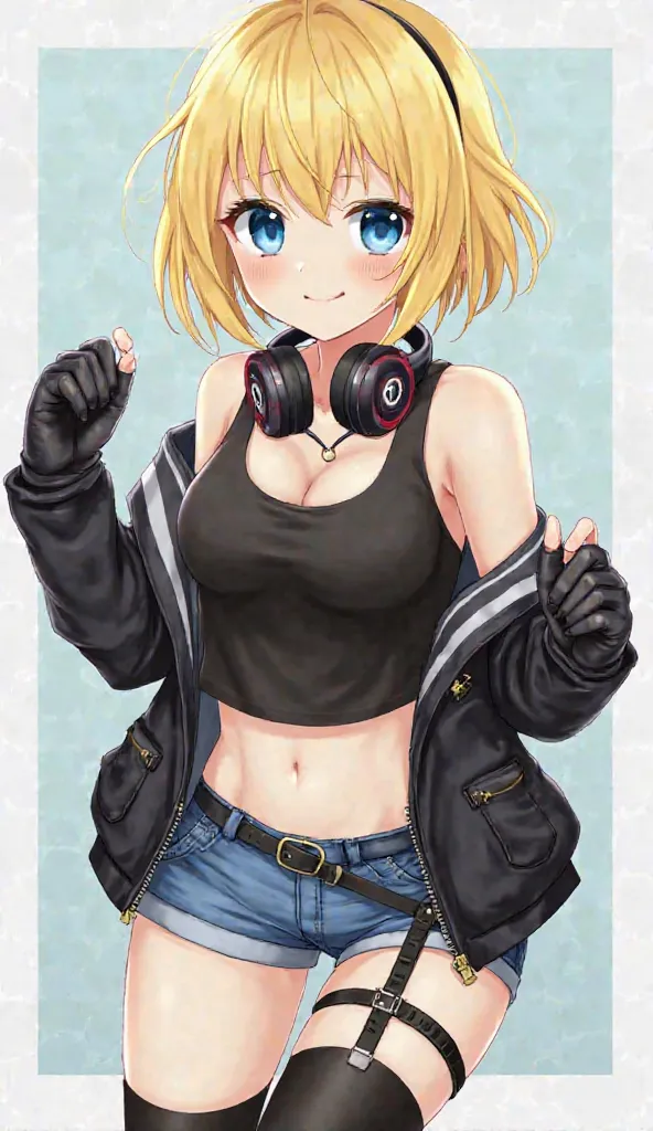 anime　 Gold　short hair　 blue eyes　Today　black tank top　Navel-baring look　blue denim shorts　neck headphones　black thigh ornament　black knee-high　black boots　black fingered leather gloves　Big Breasts　black half leather jacket